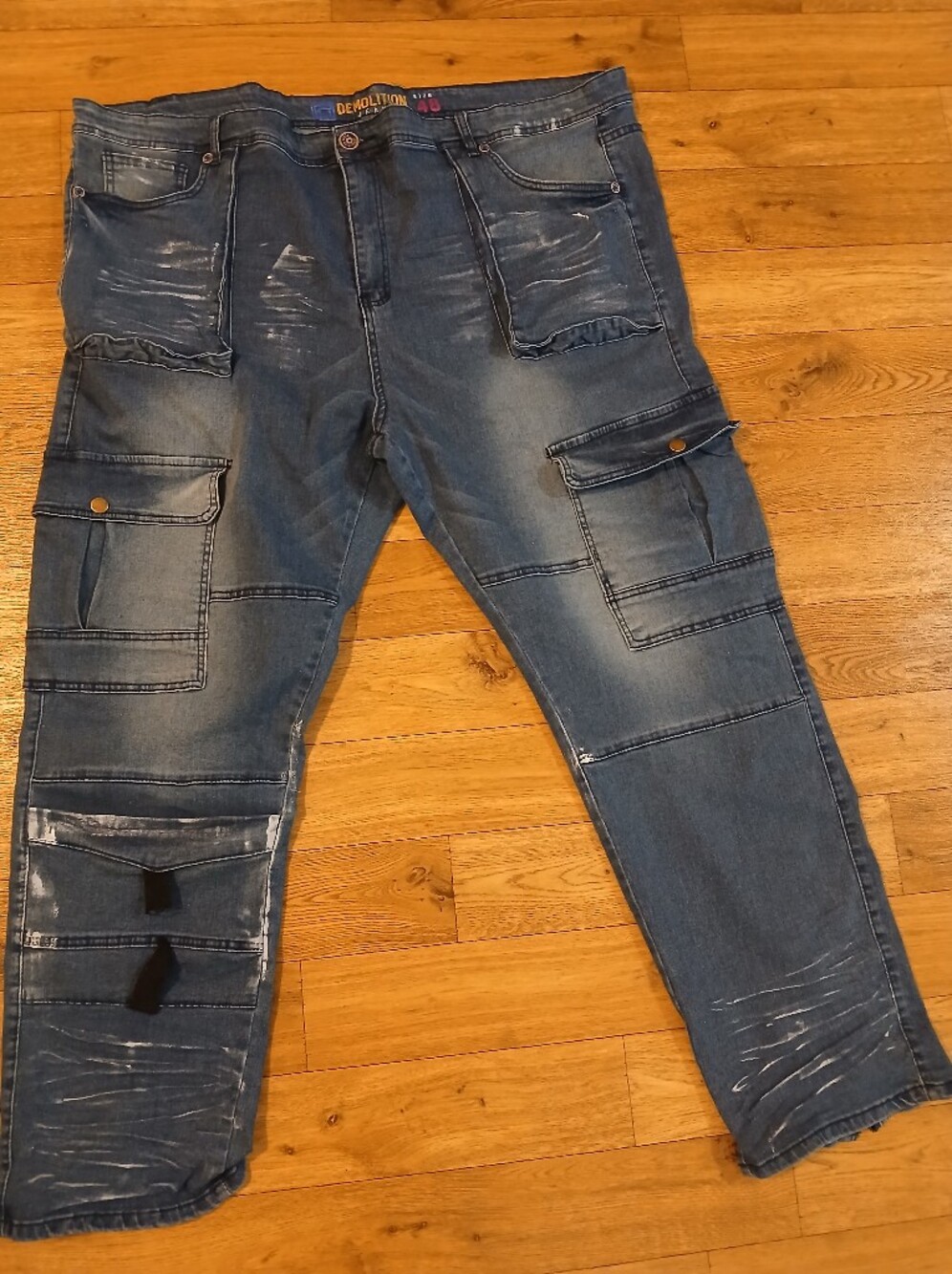 Men's Blue Cargo Denim Pants with Patch Pockets with Zippers